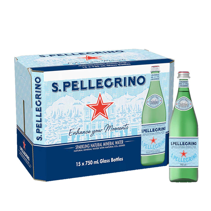 Agua Natural con gas Sanpellegrino - Botella de vidrio 750 ml (Caja 15 Unidades)