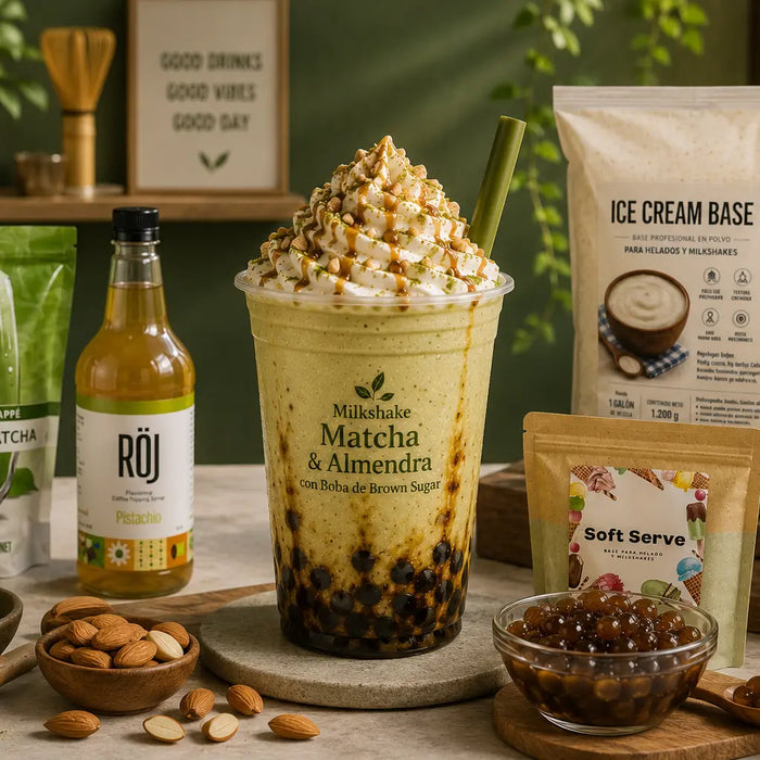Milkshake Matcha & Almendra con Boba de Brown Sugar