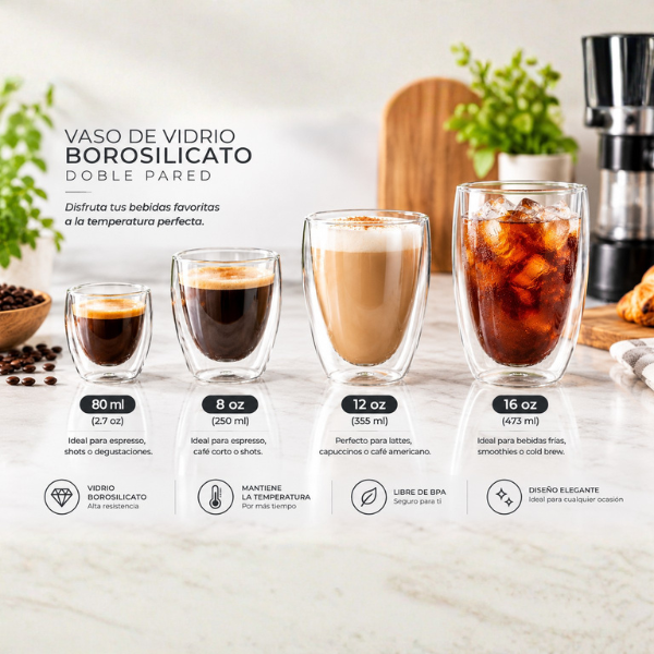 Vasos de Vidrio Borosilicato de Doble Pared - Set de 6