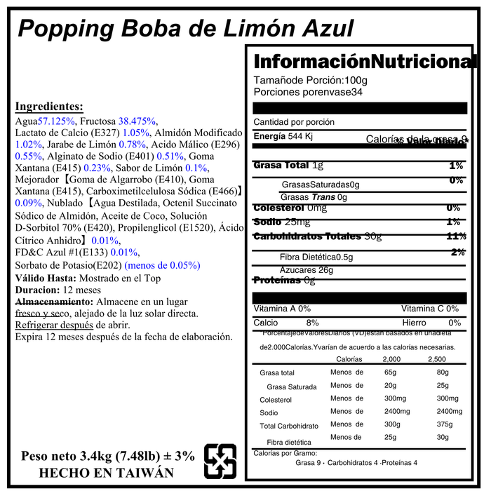 Popping Boba  Blue Lemon Tarro 3.4 kg