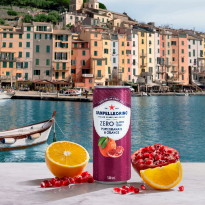 Agua Mineral con Gas Sanpellegrino Pomegranate & Orange ZERO Sin Azúcar – Lata 330 ml ( Caja 24 Unidades)