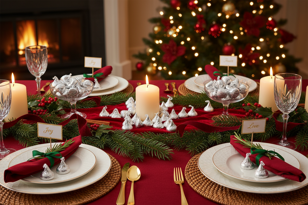 En una mesa descorada navideña utilizar chocolates hershey´s kisses como decoracion 