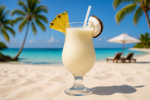 Genera una imagen de un coctel de Piña Colada en un ambiente claro de playa