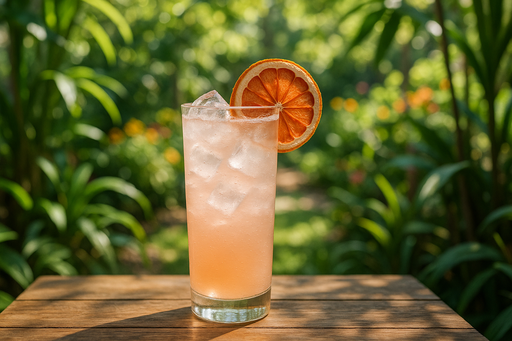 Genera una imagen de un coctel llamado Paloma en un vaso alto, con hielo, decorado con una rodaja de toronja deshidratada en un ambiente de jardin