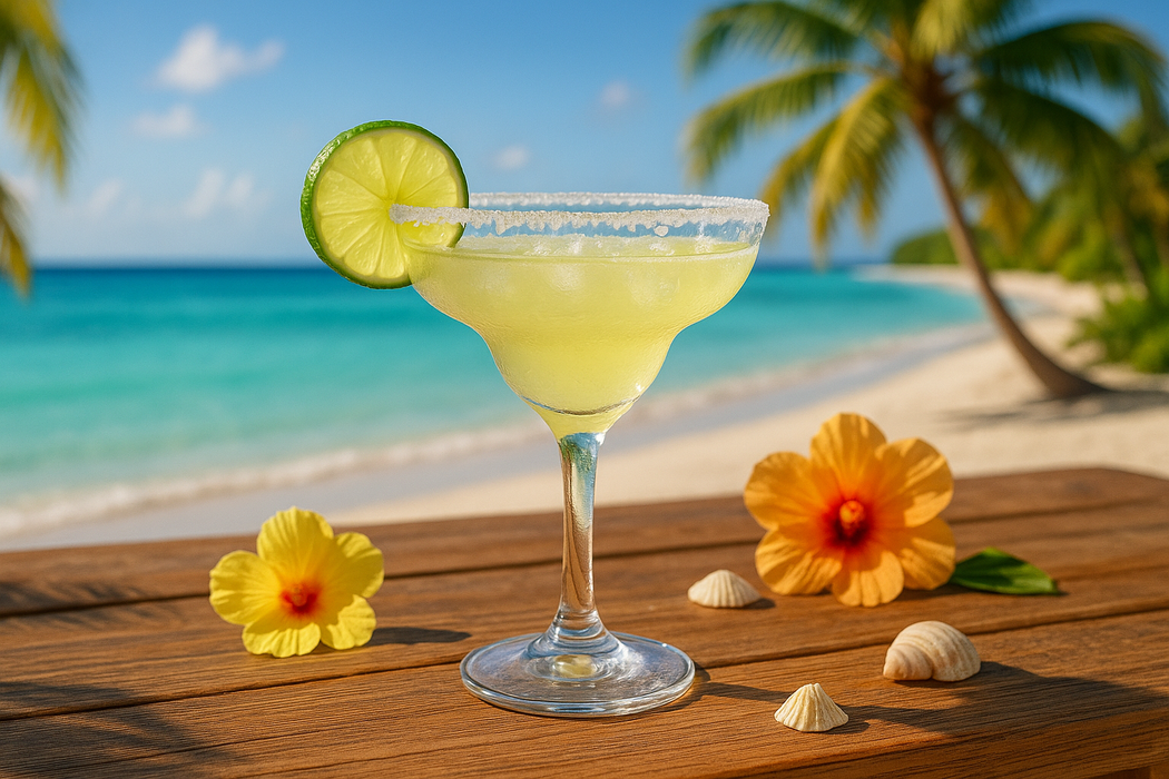 Genera una imagen de un coctel Margarita en un ambiente claro de playa tropical