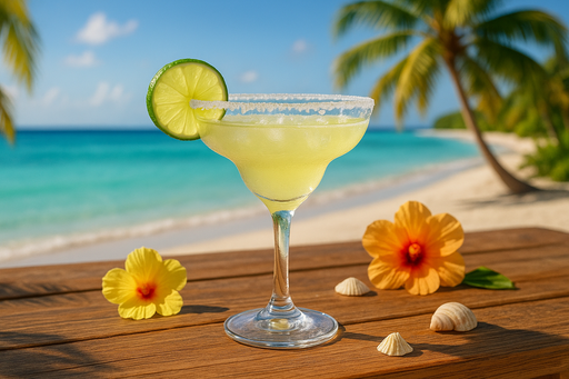 Genera una imagen de un coctel Margarita en un ambiente claro de playa tropical