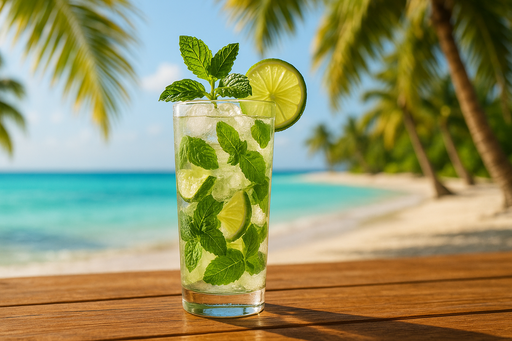 Genera una imagen de un coctel Mojito en un ambiente claro de playa
