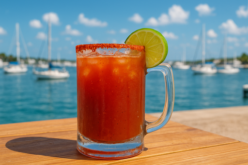 Genera una imagen de una michelada en tarro de cerveza en un ambiente claro de marina