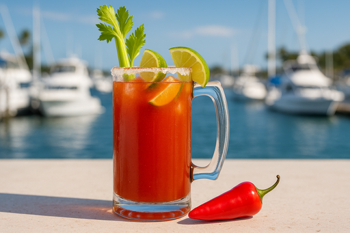 Genera una imagen de una michelada en un tarro de cerveza con un chile picante a lado en un ambiente claro de marina